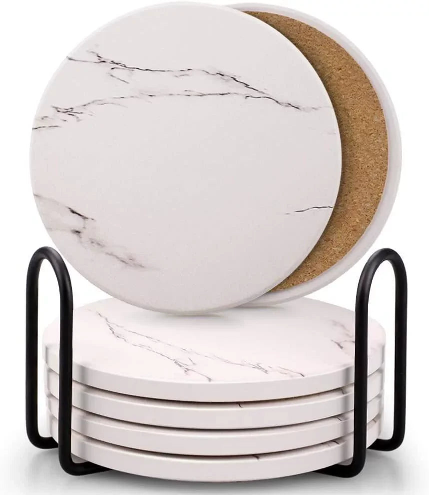 Marble Style Beverage Coaster Set with Holder — Set of 6