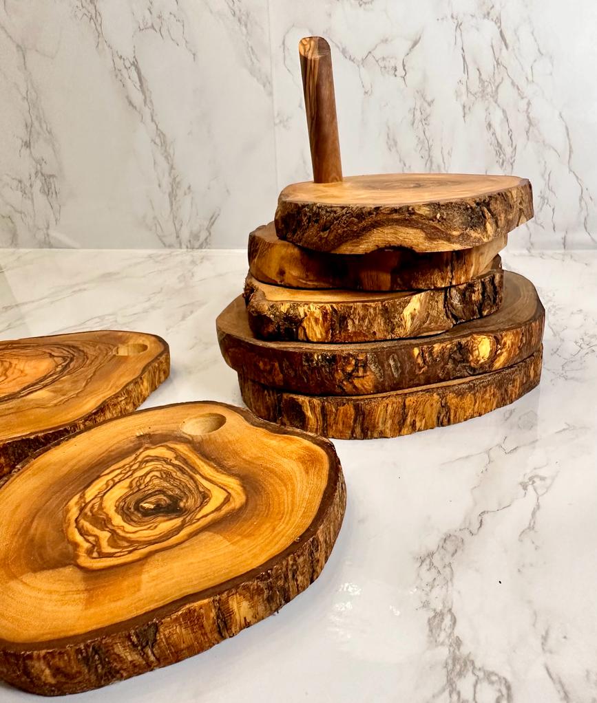 Olive Wood Coaster Set with Holder — Set of 7