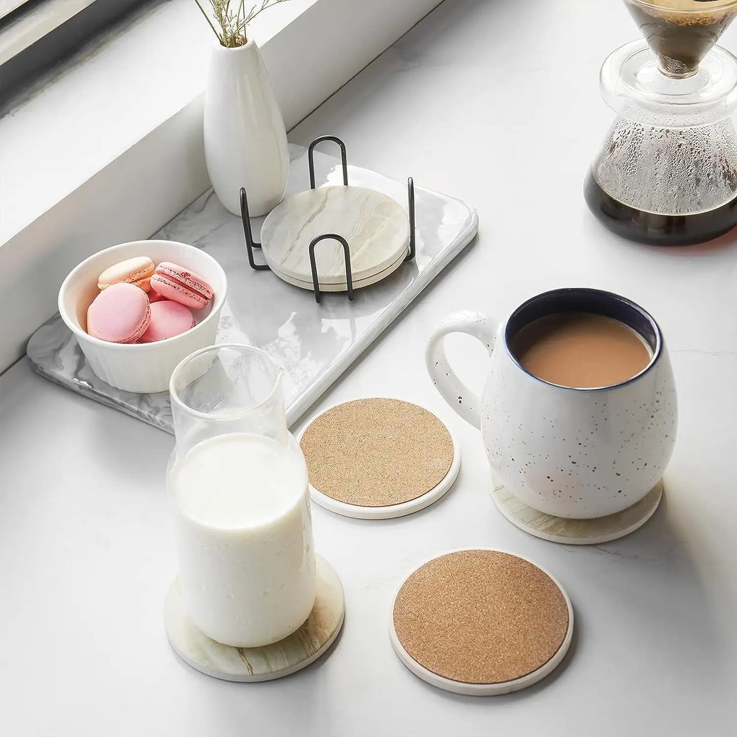 Marble Style Beverage Coaster Set with Holder — Set of 6