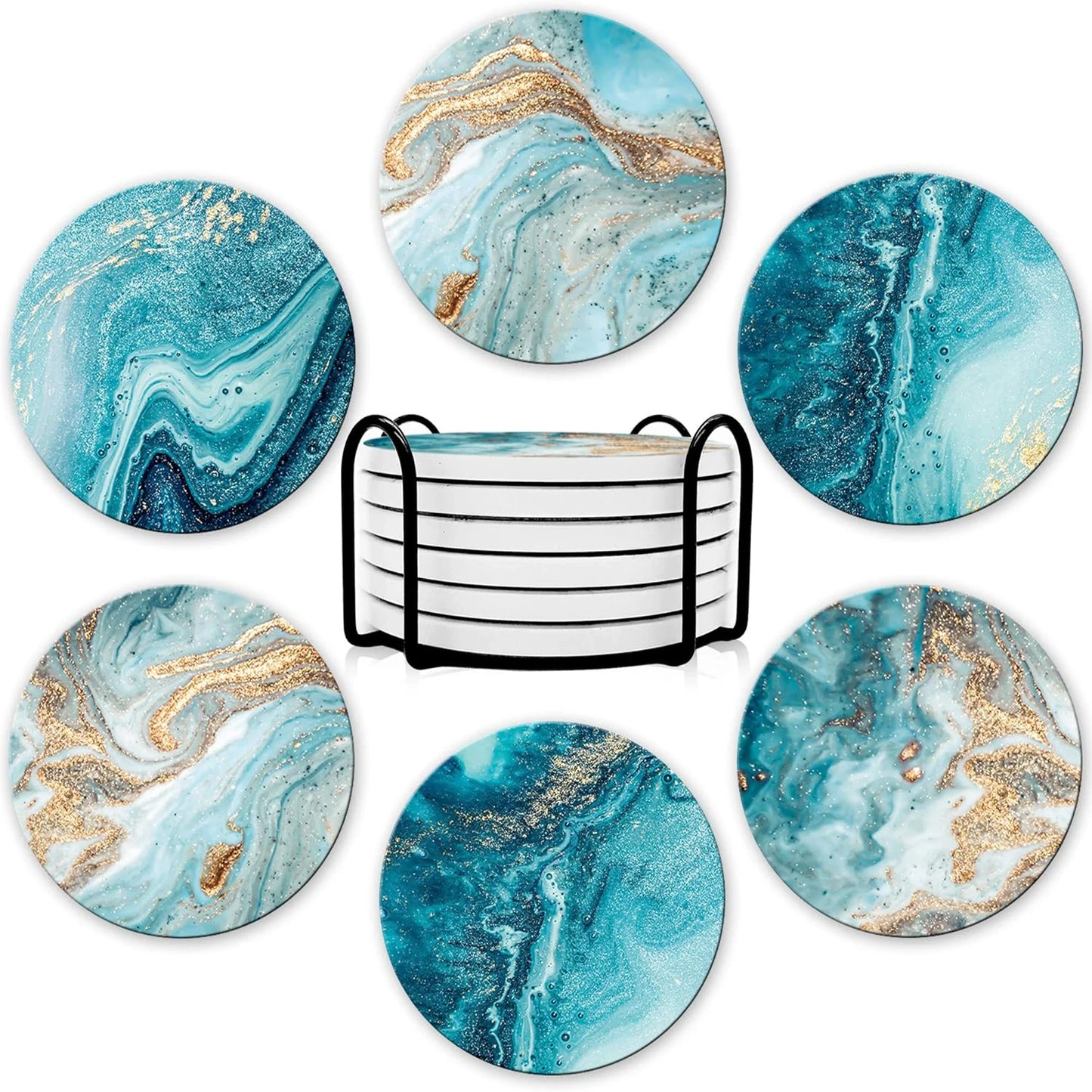Marble Style Beverage Coaster Set with Holder — Set of 6