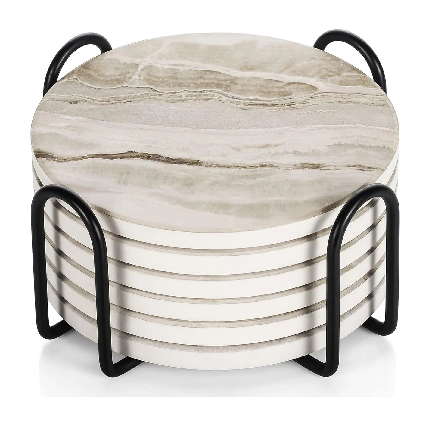 Marble Style Beverage Coaster Set with Holder — Set of 6