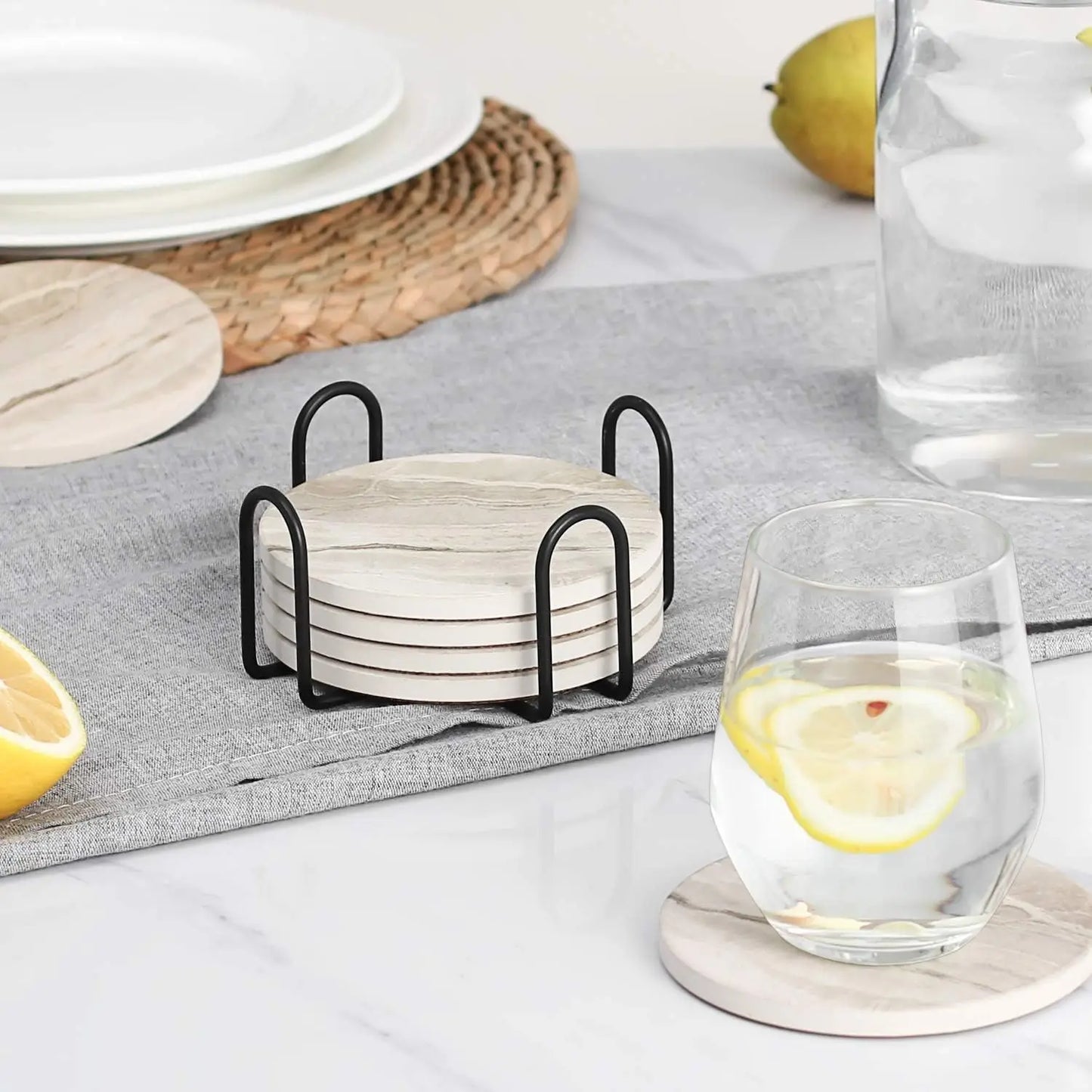 Marble Style Beverage Coaster Set with Holder — Set of 6
