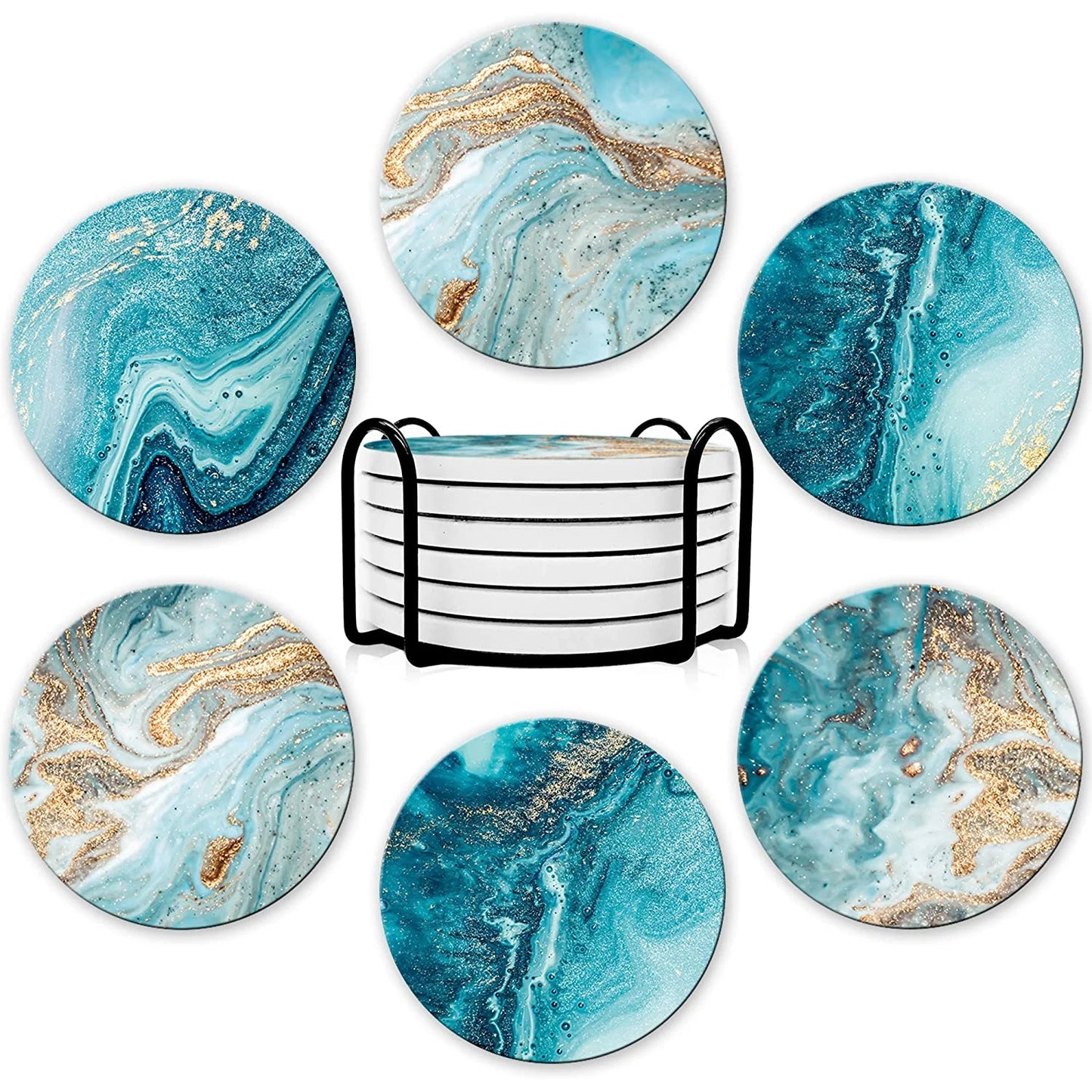 Marble Style Beverage Coaster Set with Holder — Set of 6