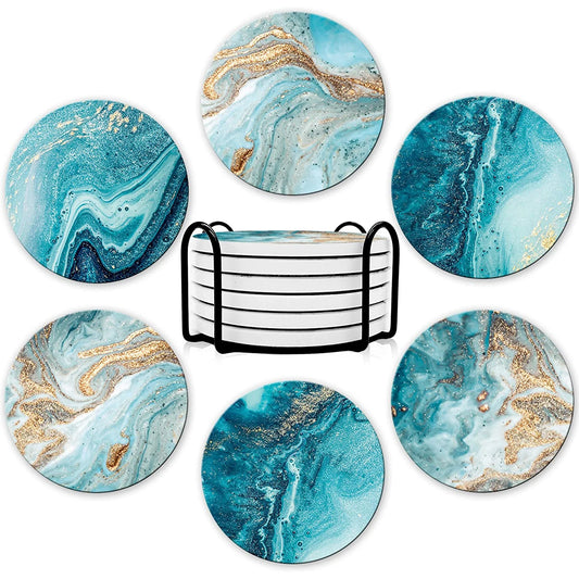 Marble Style Beverage Coaster Set with Holder — Set of 6
