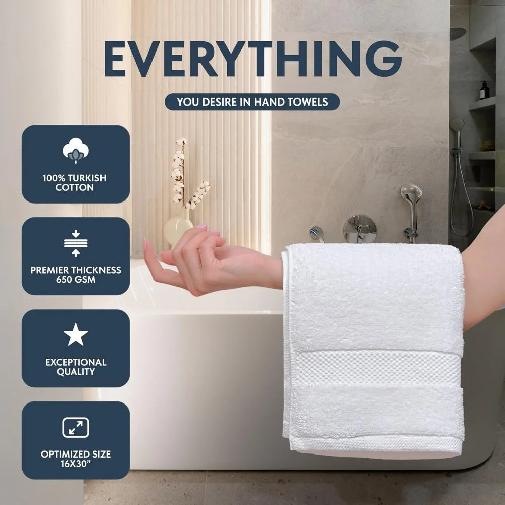 Luxury White Hand Towels - Soft 100% Turkish Cotton | Highly Absorbent Hotel spa Bathroom Towel Collection | 16x30 Inch | Set of