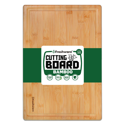 Bamboo Cutting Boards for Kitchen with Juice Groove [Extra-Large] Wood Cutting Board for Chopping Meat Vegetables Fruits Cheese Knife Friendly Serving Tray with Handles 18 x 12.5-inch